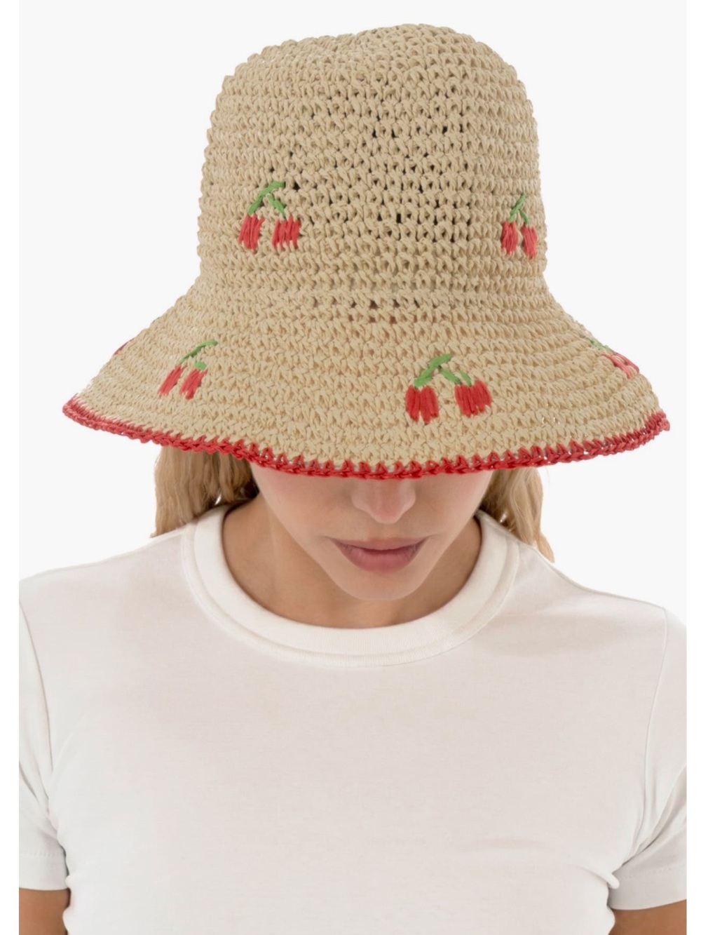 Hand-Crocheted Cherry-Accent Bucket Hat - Beige with Red Trim
